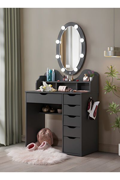 benim odam Diva Hollywood Led Işıklı Oval Aynalı 6 Çekmeceli Kulis Makyaj Mas...