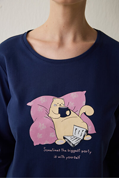 Penti Indigo Sleepy Cat pyžamový set s dlouhým rukávem a bavlněným výstřihem