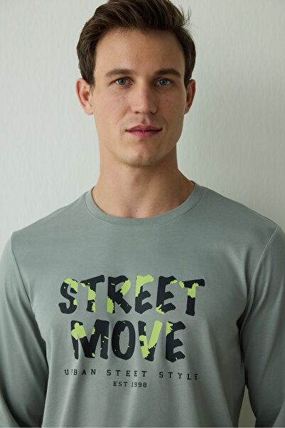 Penti Move férfi szlogennel nyomtatott, hosszú ujjú pamut pizsama szett