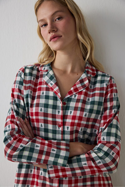 Penti Red Plaid Shirt Collar New Year Cotton Pajama Set