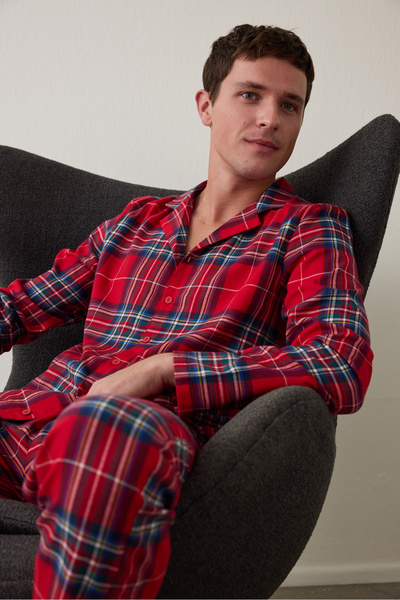 Penti Red Men's Plaid Pattern Long Sleeve Shirt Pajama Set
