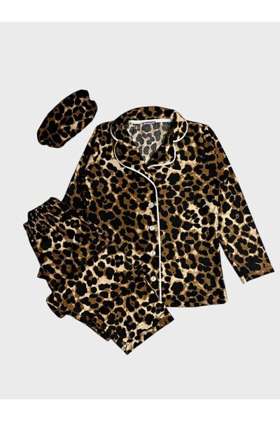 tusem butik homewear Σετ πιτζάμες για κορίτσια από βαμβακερό σουέτ ύφασμα καφέ με λεοπάρ σχέδιο με γιακά πουκάμισου