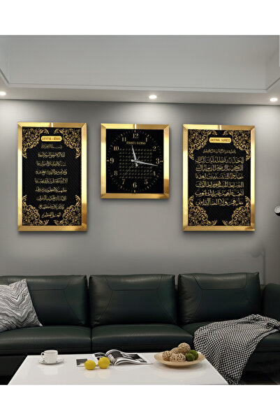 Zevahir Mobilya Dekorasyon Gold Aynalı Pleksi Çerçeveli Ayetel Kürsi Fatiha Süresi Ve Esmaül Hüsna Üçlü Mdf Tablo Ve Saat Seti
