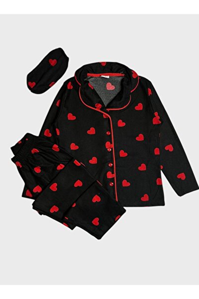 tusem butik homewear Țesătură din piele intoarsa de bumbac pentru fete, negru, rosu, inima, guler, nasturi, set de pijama cu maneca lunga