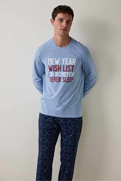 Penti Ανδρικό σετ πιτζάμες 2 τεμαχίων από βαμβακερό γεωμετρικό σχέδιο με λαιμόκοψη