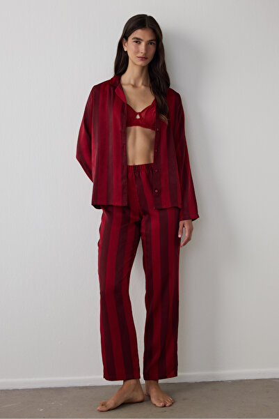 Penti Red Margot Striped Satin Shirt Collar Long Sleeve Pajama Set