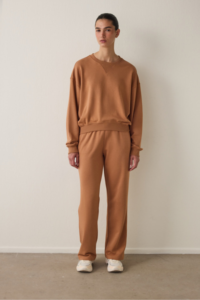 Penti Light Brown Curvy Edge Crew Neck Oversize Crop Sweatshirt