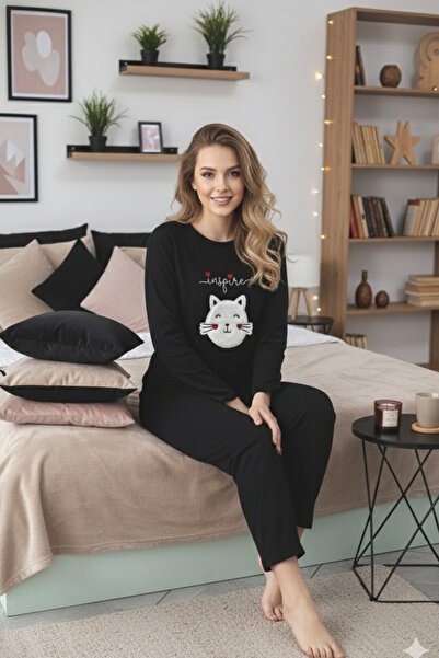 ELİTOL Sweet Kitty Black Women's Pajama Set