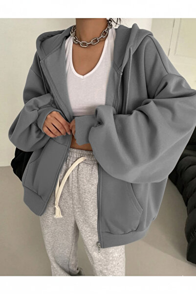 warn Kadın Duman Gri Balon Kol Hırka Kapüşonlu Tam Fermuarlı Cepli %100 Pamuk Kışlık