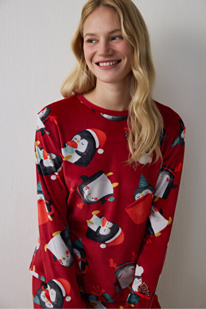 Penti Red Penguin Patterned Crew Neck Pajama Set