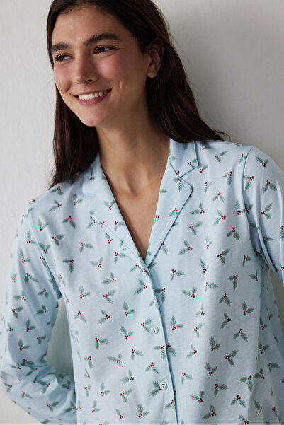 Penti Light Blue Merry Shirt Collar Cotton Pajama Set