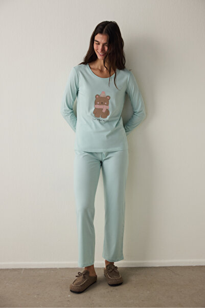 Penti Mint Ent Scarf Crew Neck Long Sleeve Cotton Slogan Printed Pajama Set