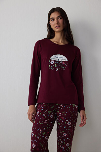 Penti Bordo Flower Showers Trouser Pajama Set