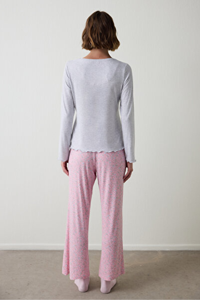 Penti Világosszürke melange Not Today nyomott mintás U-nyakú, hosszú ujjú pizsama felső
