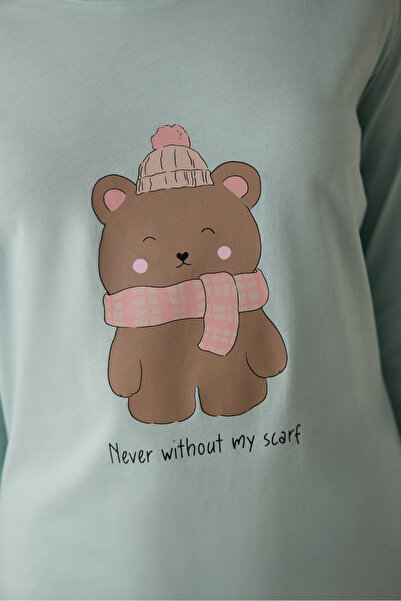Penti Mint Ent Scarf Crew Neck Long Sleeve Cotton Slogan Printed Pajama Set