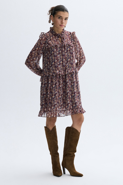 Mudo Floral Printed Mini Dress with Tie-Up Neck