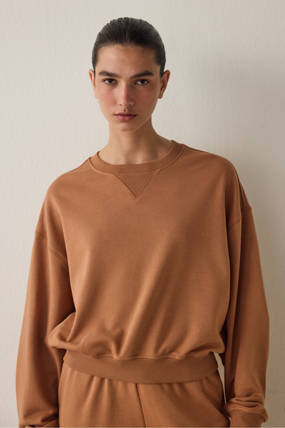 Penti Light Brown Curvy Edge Crew Neck Oversize Crop Sweatshirt