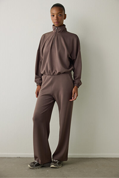 Penti Khaki Silky Feel Stand Collar Crop Sweatshirt