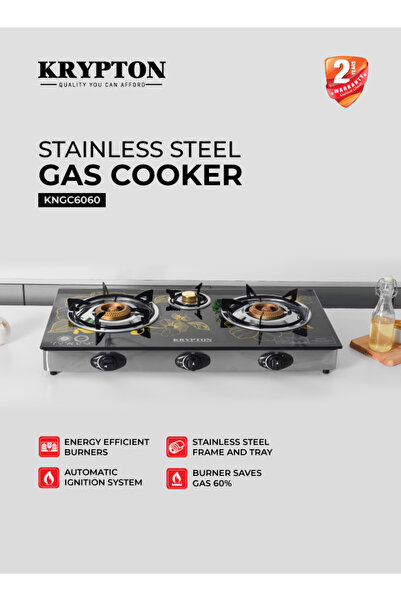 KRYPTON موقد غاز بثلاث شعلات مع إشعال تلقائي، سطح من الزجاج المقسّى وشعلات من الحديد الزهر