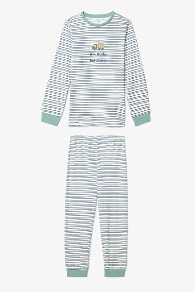 Penti Off-White Jungen-Pyjama-Set mit langen Ärmeln aus gestreifter Baumwolle mit kleinem Truck-Motiv, 2-teilig
