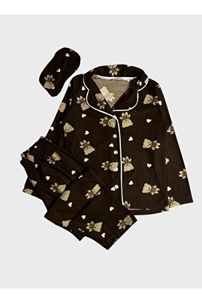 tusem butik homewear Σετ πιτζάμες για κορίτσια από βαμβακερό σουέτ ύφασμα καφέ με σχέδιο αρκουδάκι με γιακά πουκάμισου