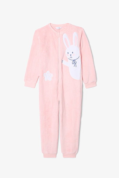 Penti Dusty Rose Girl's Bunny Rabbit Patterned Zippered Jumpsuit