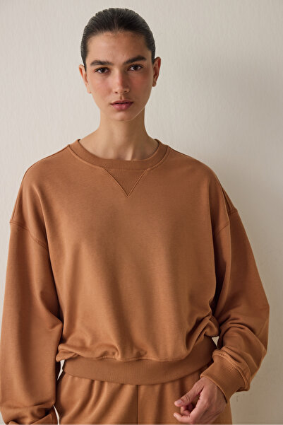 Penti Light Brown Curvy Edge Crew Neck Oversize Crop Sweatshirt