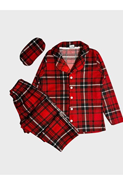 tusem butik homewear Set de pijamale de iarnă pentru băieți, din bumbac, din piele intoarsa, cu model în carouri roșii, cu guler, cu mâneci lungi