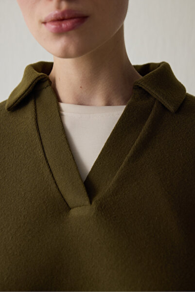 Penti Koyu Yağ Yeşili Polo Yaka Uzun Kollu Kazak