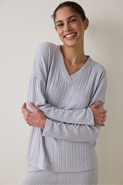 Penti Light Gray Melange Cozy V-Neck Long Sleeve Pajama Set