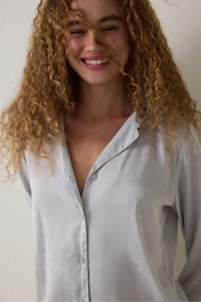 Penti Light Gray Roses Satin Long Sleeve Shirt Collar Pajama Set