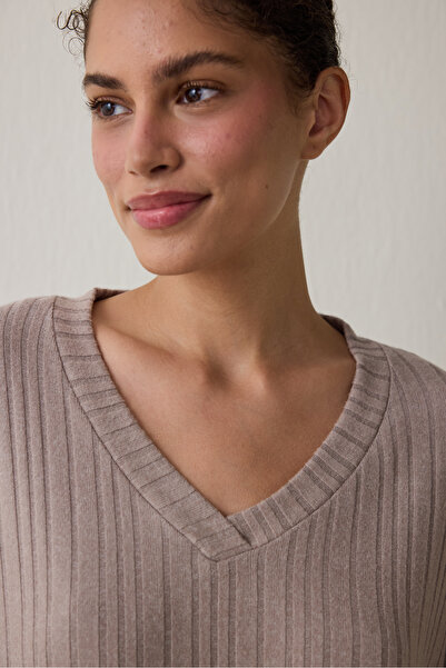 Penti Latte Mocha Soft V Neck Long Sleeve Pajama Set