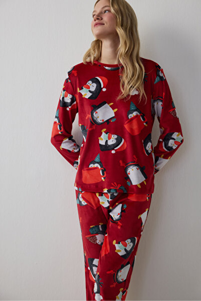 Penti Red Penguin Patterned Crew Neck Pajama Set