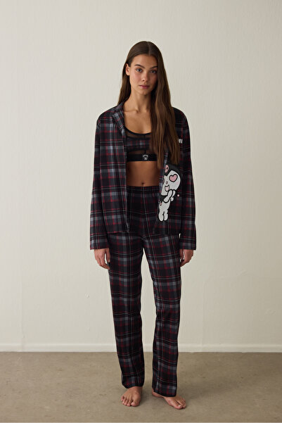 Penti Schwarzes Kuromi-Pyjama-Set mit bedrucktem Karomuster, Oversize-Langarmshirt aus Baumwolle