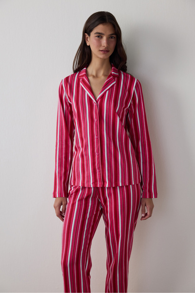 Penti Fuchsia Bloom Stripes Shirt Pants Pajama Set