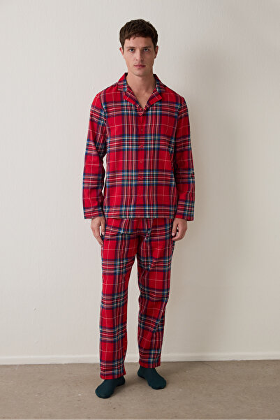 Penti Red Men's Plaid Pattern Long Sleeve Shirt Pajama Set