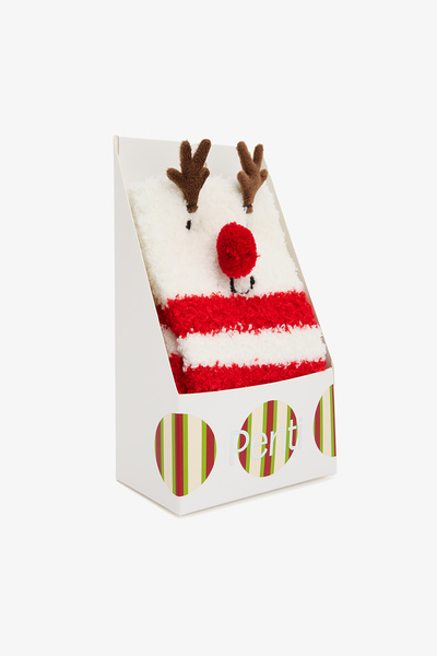 Penti Счупени бели помпони с еленски мотив и раирани коледни чорапи