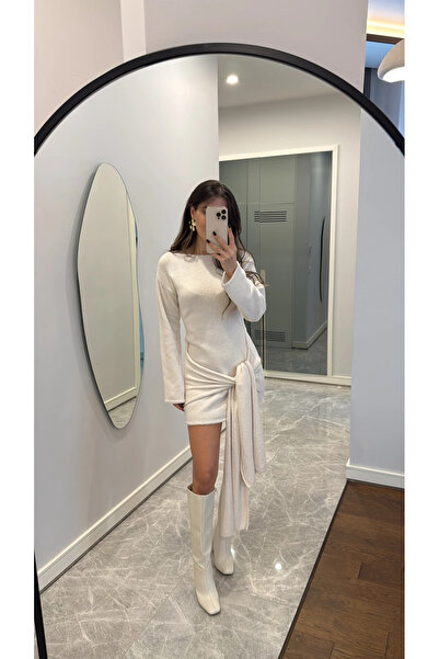 Laluvia Εκρού δεμένο μπροστινό μακρύ φόρεμα - 7177