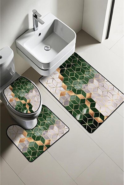 Dolce Mariee Modern Patterned Digital Printing 3-Piece Bathroom Mat Set Washa...