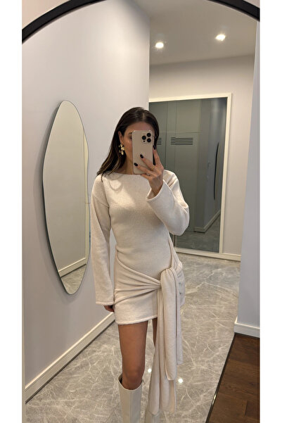 Laluvia Εκρού δεμένο μπροστινό μακρύ φόρεμα - 7177