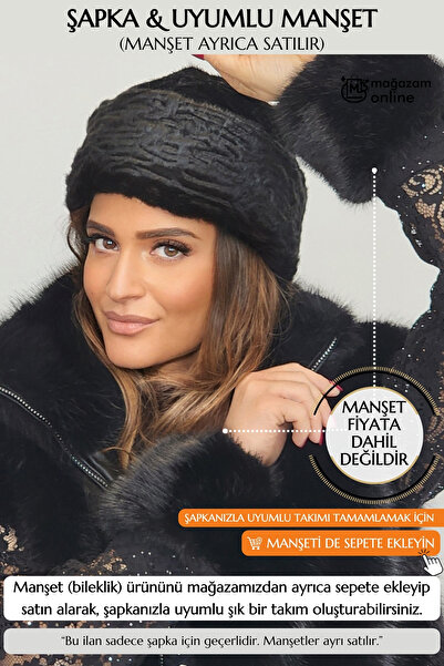 Mağazam Online Premium British Royal Style Kalpak Hat Women's Winter Beanie Plush Faux Fur - Astrakhan Black