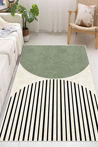 DOKURA HALI Modern Geometrik Yeşil Desen Makinede Yıkanabilir Kaydırmaz Taban...