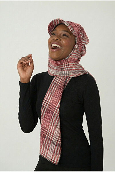 fidan bone Yün Kasket Şapka Atkılı Ekose Bordo-Krem Hazır Türban Tesettür Bon...