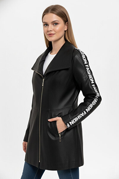 Deriderim Siyah Lori Önden Çapraz Fermuarlı Kemerli Reglan Kol Fashion Yazılı Hakiki Deri Kadın Kaban