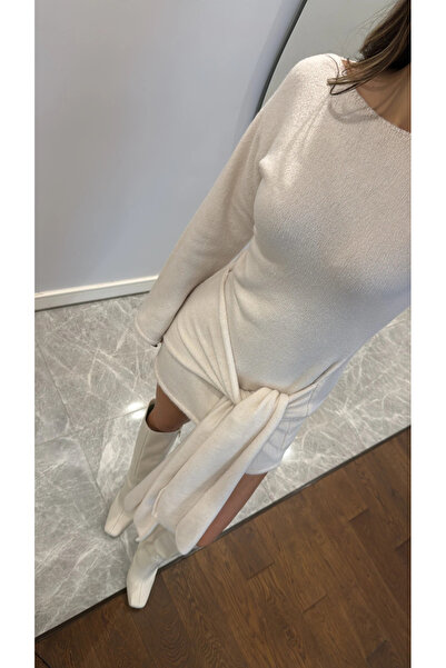 Laluvia Εκρού δεμένο μπροστινό μακρύ φόρεμα - 7177