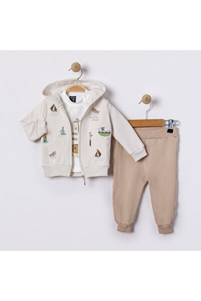 Uslukids Zippered Hooded Embroidered 3-Piece Children's Tracksuit New Season