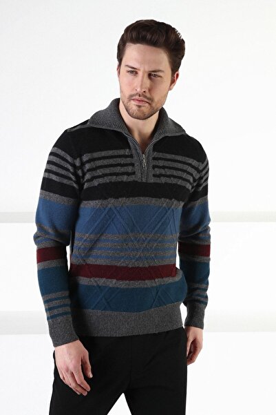 Ferraro Smoked Zippered Stand Collar 100% Lamb Wool Men's Sweater