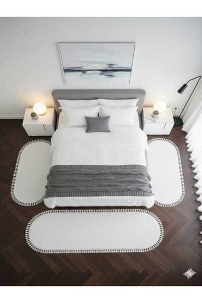 ALTUN CARPET 3lü 100cm KarBeyaz ModernPostPelüşKaymazPonponSaçaklı Yatak Odas...