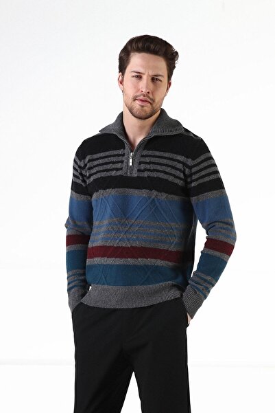 Ferraro Smoked Zippered Stand Collar 100% Lamb Wool Men's Sweater