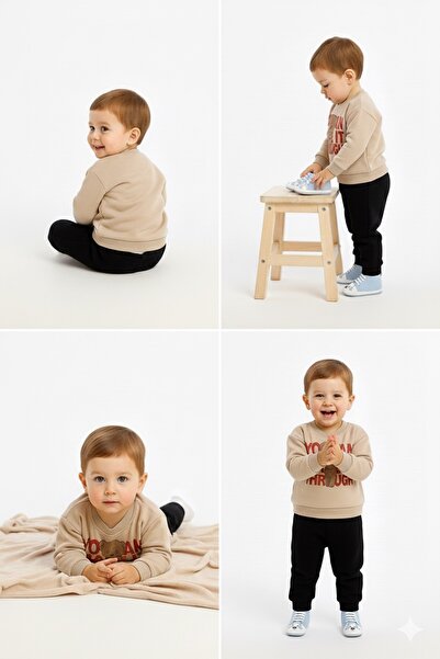 aczagul butik BİR BEDEN BÜYÜK ALIN ACZA Butik Koleksiyon Ayıcık Baskılı Kız Çocuk Eşofman Takımı - Bej & Siyah